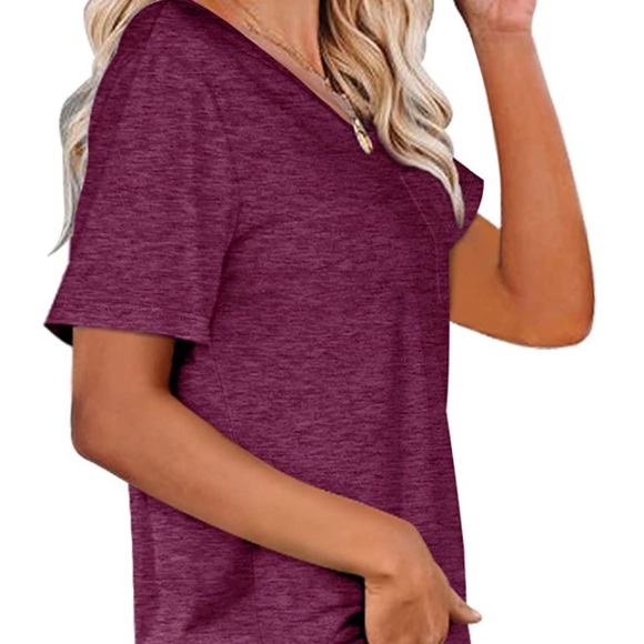 Plum Scoop Neck Short Sleeve Loose T Shirt with Pocket - Picture 3 of 3
